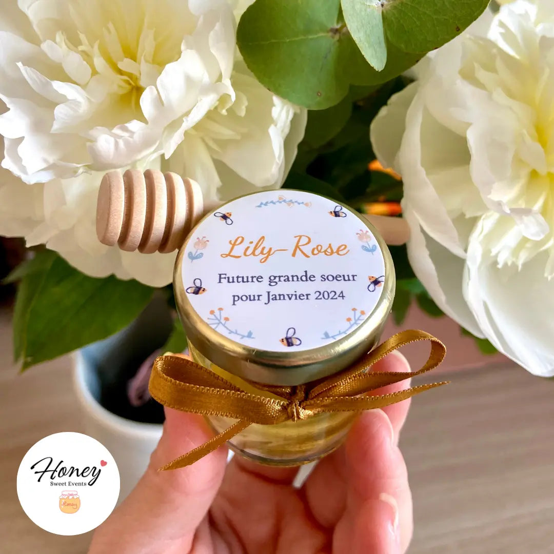 Abeilles (doré) - Mini pot de miel personnalisé cadeaux invités baptême anniversaire naissance Honey Sweet Events
