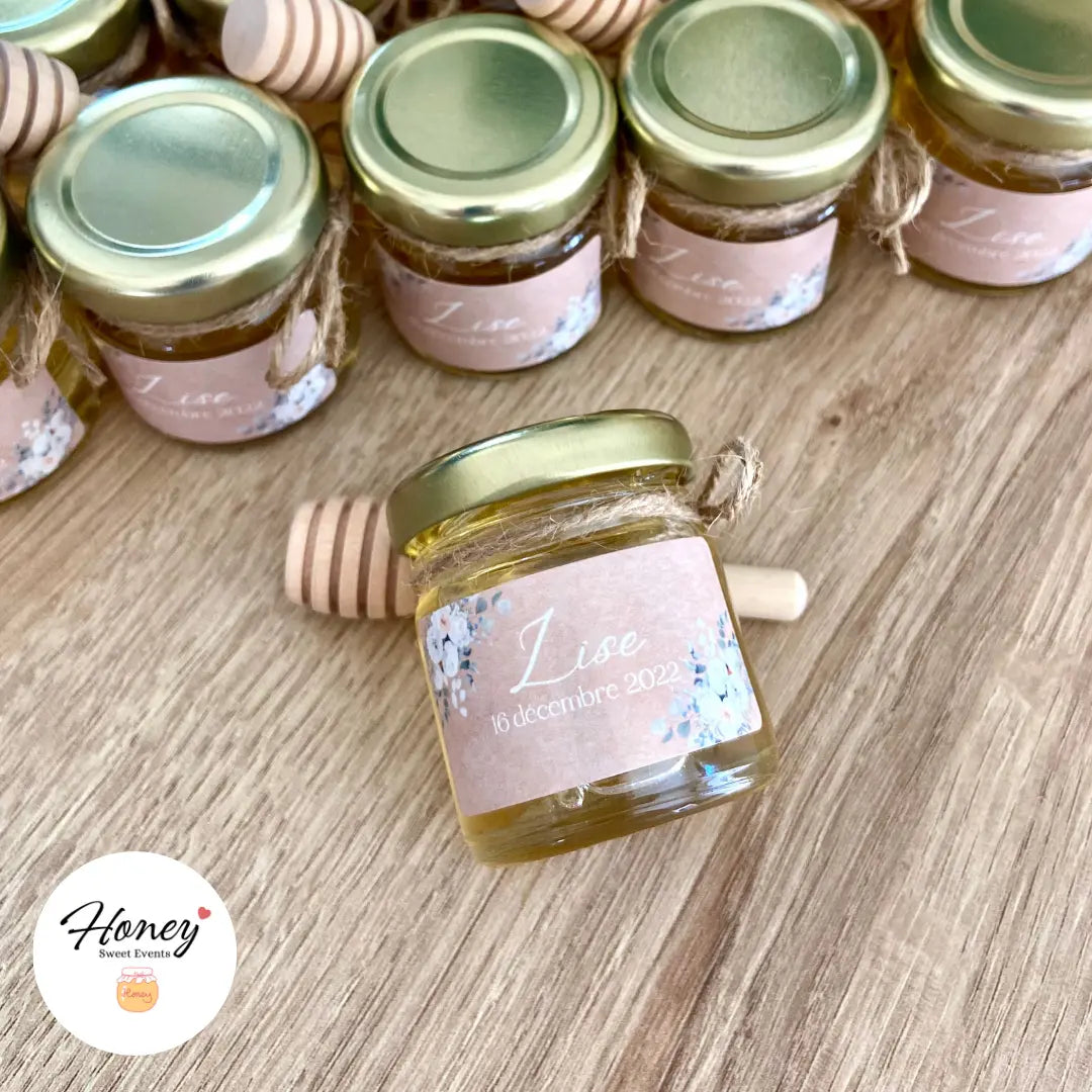 Fleurs Blanches - Mini pot de miel personnalisé cadeaux invités baptême anniversaire naissance Honey Sweet Events