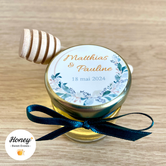 Couronne feuilles - Mini pot de miel personnalisé cadeaux invités mariage baptême anniversaire naissance