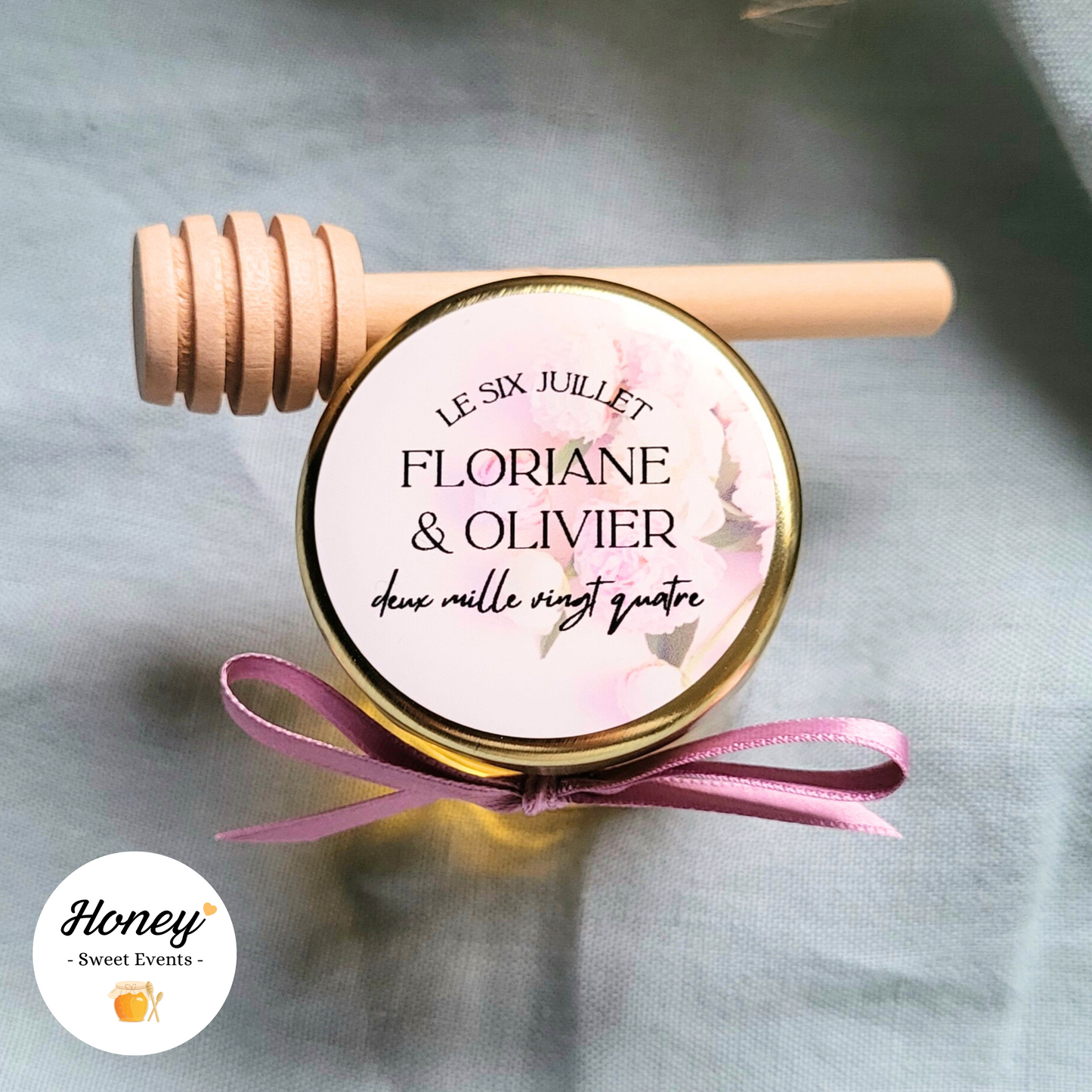 Pivoines - Mini pot de miel personnalisé cadeaux invités mariage baptême anniversaire naissance