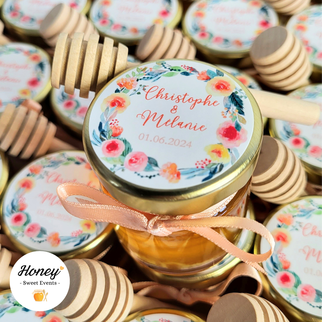 Couronne Fleurie - Mini pot de miel personnalisé cadeaux invités mariage