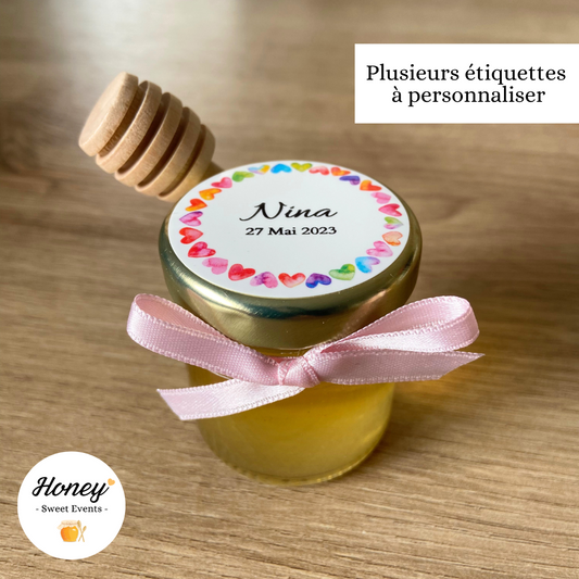 Couronne coeurs - Mini pot de miel personnalisé cadeaux invités baptême anniversaire naissance