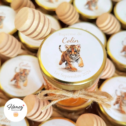 Bébé Tigre - Mini pot de miel personnalisé cadeaux invités baptême anniversaire naissance Honey Sweet Events