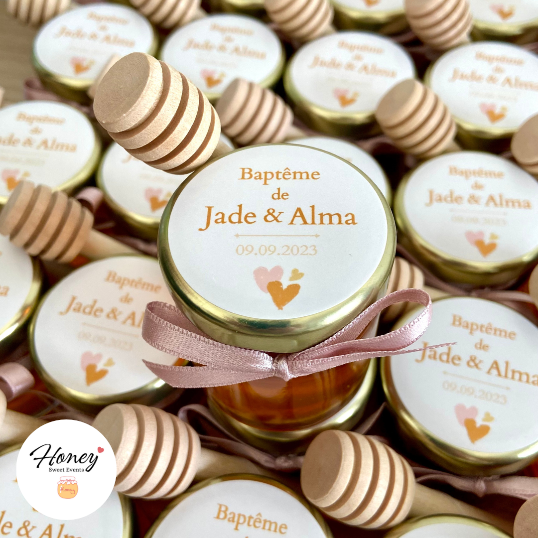 Coeurs - Mini pot de miel personnalisé cadeaux invités baptême anniversaire naissance