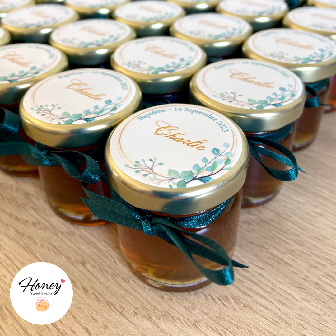 Couronne eucalyptus - Mini pot de miel personnalisé cadeaux invités baptême anniversaire naissance