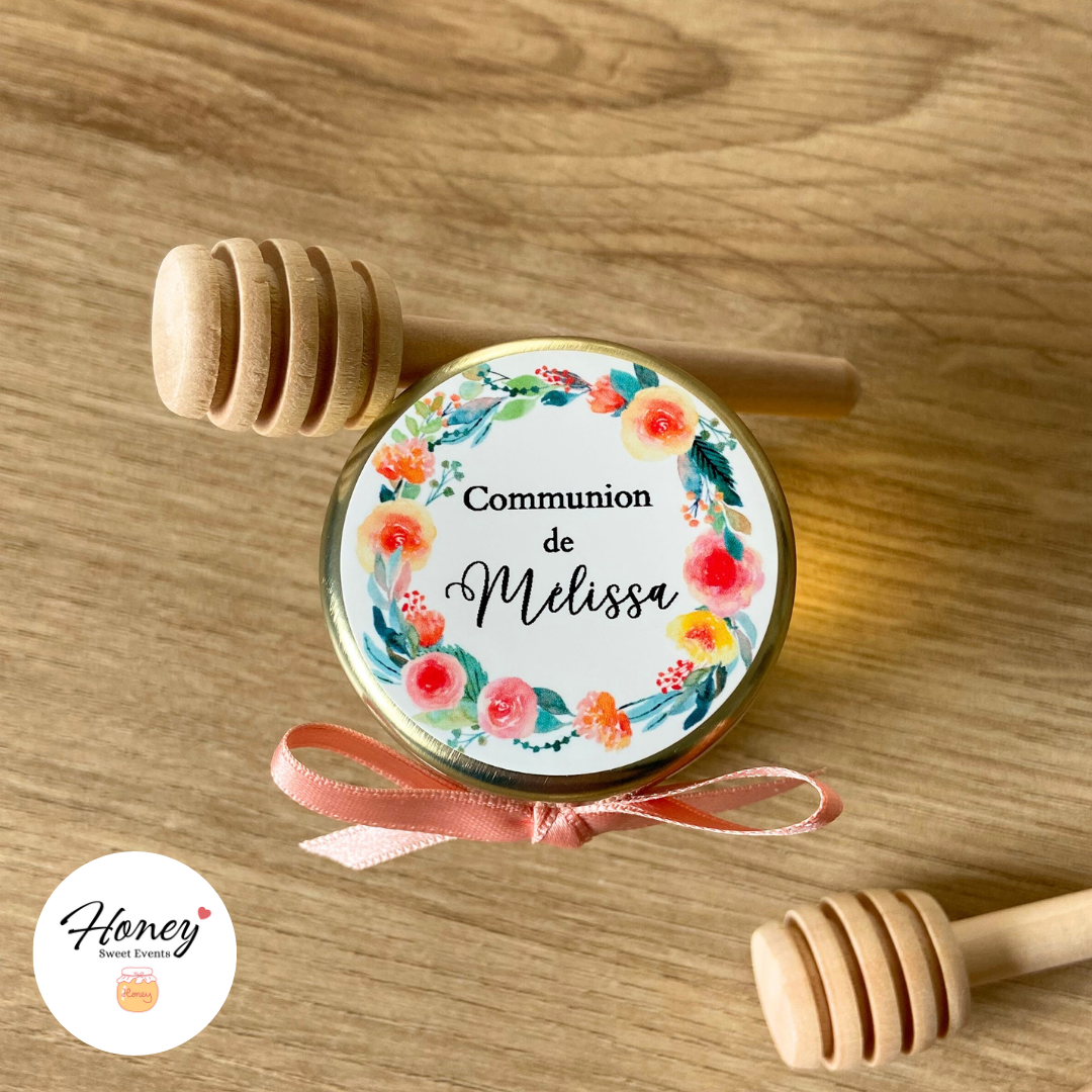Couronne fleurie - Mini pot de miel personnalisé cadeaux invités baptême anniversaire naissance
