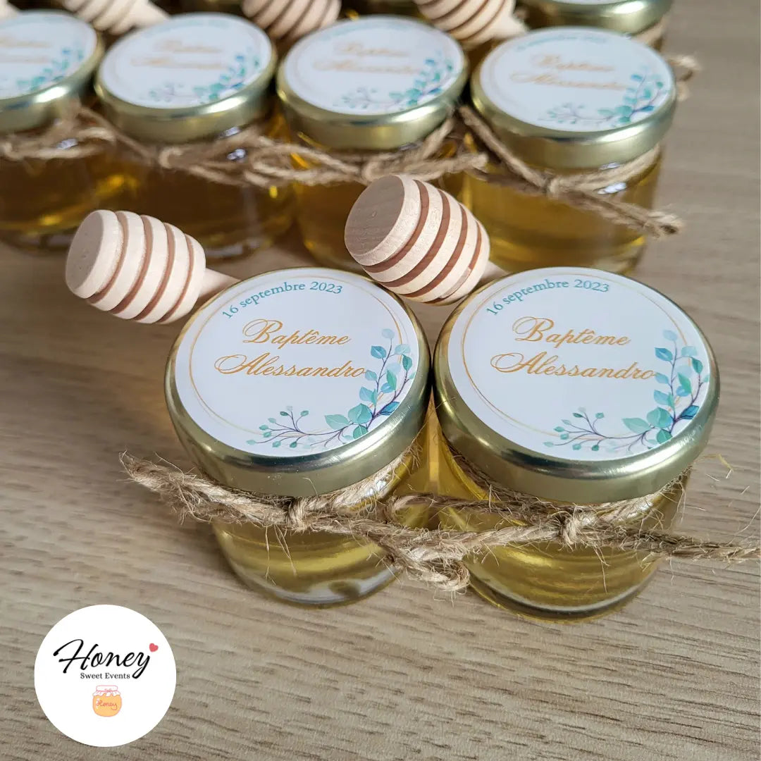 Couronne eucalyptus - Mini pot de miel personnalisé cadeaux invités baptême anniversaire naissance Honey Sweet Events