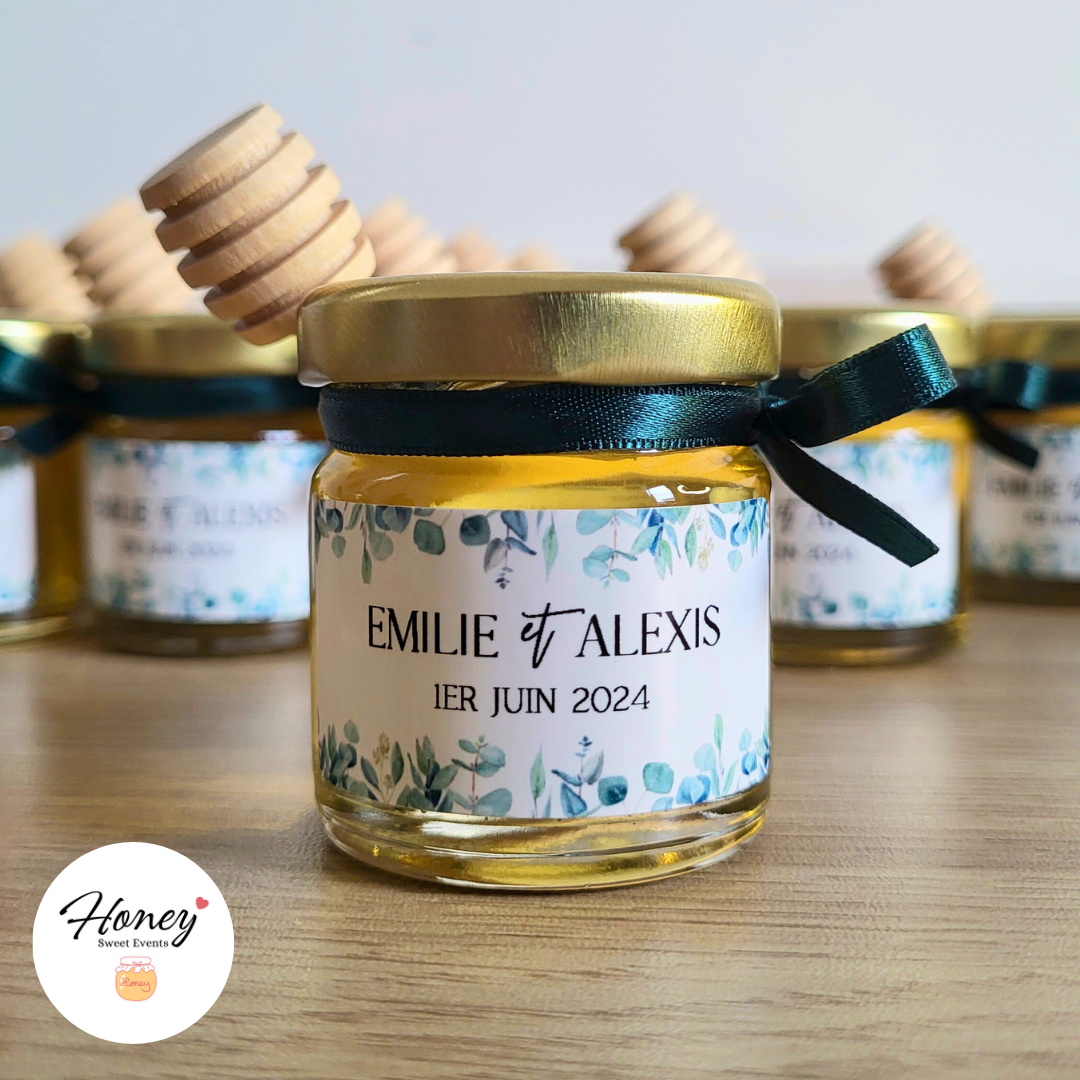Eucalyptus - Mini pot de miel personnalisé cadeaux invités mariage baptême anniversaire naissance