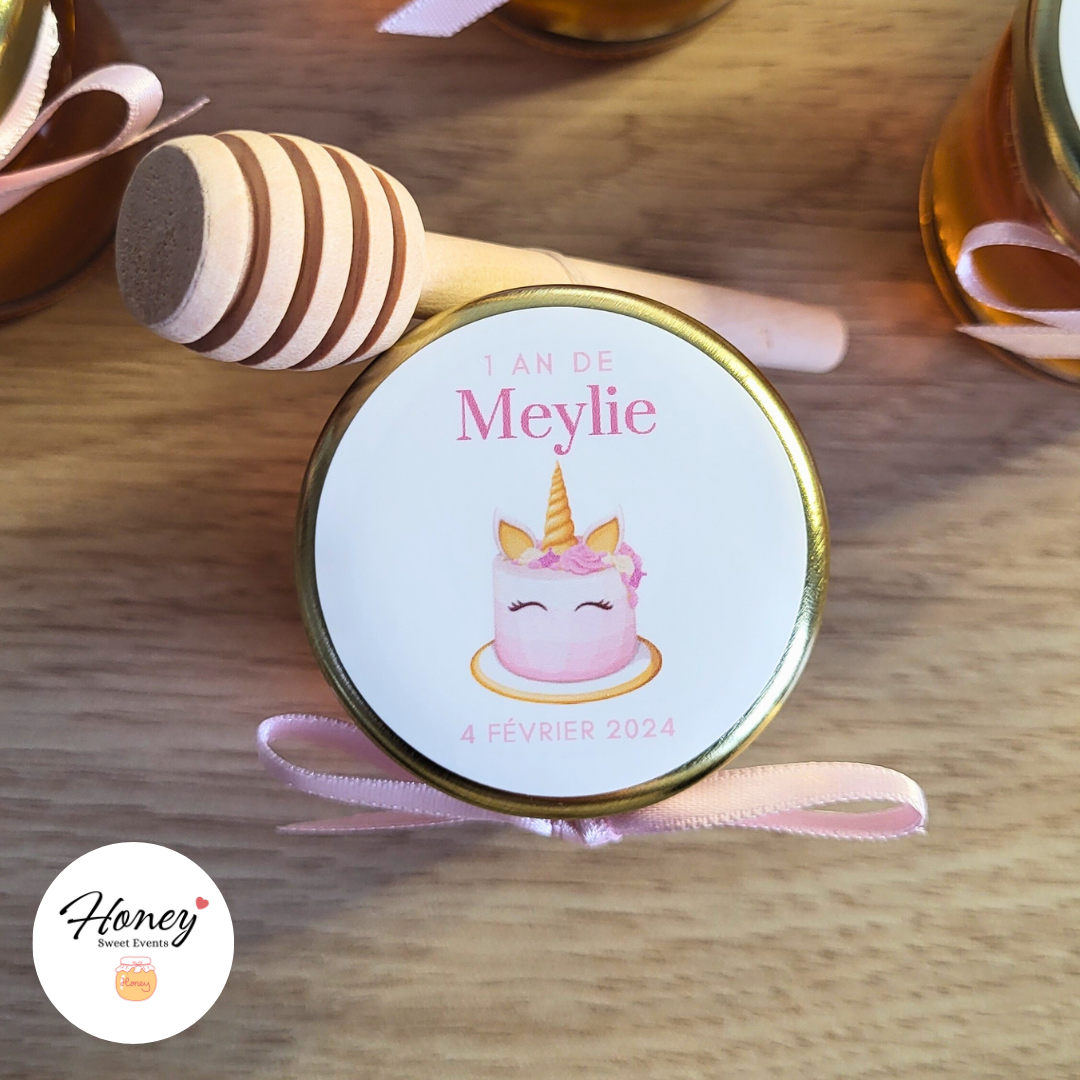 Gâteau Licorne - Mini pot de miel personnalisé cadeaux invités baptême anniversaire naissance