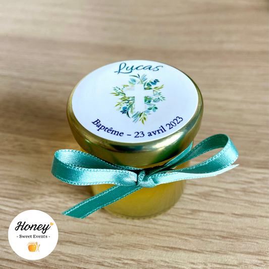 Croix eucalyptus- Mini pot de miel personnalisé cadeaux invités baptême anniversaire naissance
